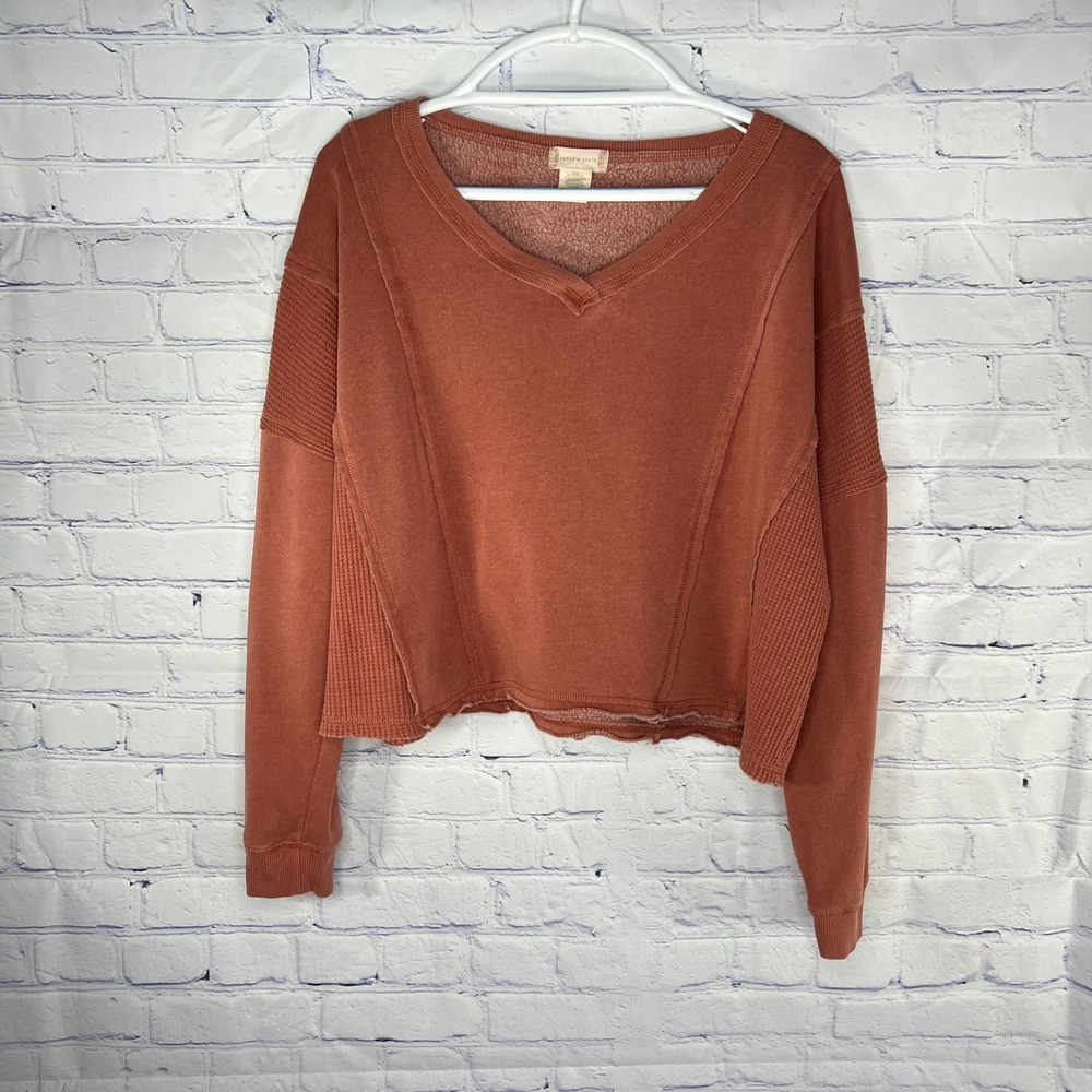 Altar'd‎ State Sweatshirt Womens Large Orange/Rust Waffle Knit V-Neck Cropped